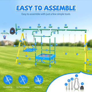 Metal Swing Sets for Backyard,Heavy-Duty Outdoor Kids Playsets for Playground,Outside Toys with Trampoline, Platform Swing, 2 Swings and Basketball Hoop for Aged 3-12