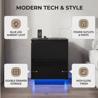 Easoger Nightstand Set of 2 with LED Lights, 2 Drawers & USB Ports, Modern End Tables for Bedroom Living Room, Black