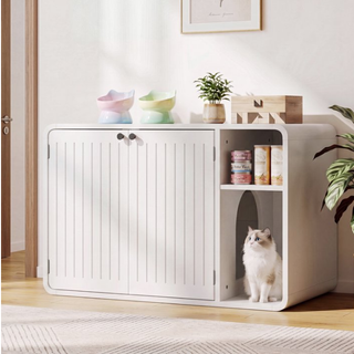 Easoger Cat Litter Box Enclosure with Side Entry, Wooden Litter Box Cabinet with Arched Door & Ventilation, Multifunctional End Table for Living Room, Bedroom,White