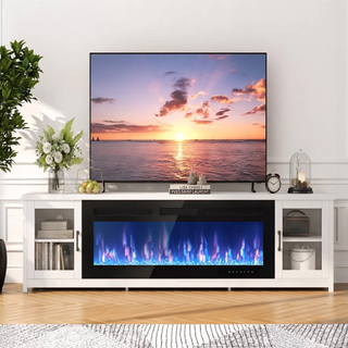 80" Electric Fireplace TV Stand, Alexa & Wi-Fi Controlled Entertainment Center with Glass Door Cabinets, Fits TV up to 90", 12 Flame Colors & 5 Brightness Levels, White