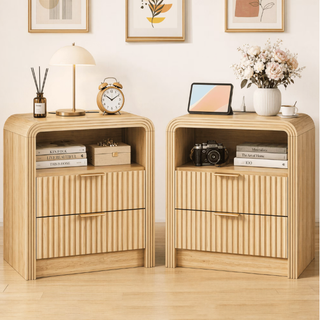Easoger Set of 2 Fluted Nightstand with Charging Station, 19.7" Wide Bedside Table with USB & Type-C Ports, 2 Drawers & Open Shelf, Curved Oak End Table for Bedroom