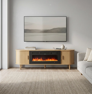 Easoger 70" Fluted Fireplace TV Stand, Mid Century Modern Entertainment Center with 36" Electric Fireplace for TVs up to 75", Console with Sliding Doors & Solid Wood Legs for Living Room,Oak