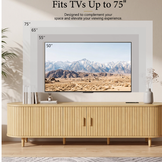 Easoger 70" Sliding Door TV Stand with Charging Station, Fluted Vertical Grille Wood Entertainment Center, Curved Oval Shape Storage Cabinet, Oak