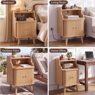 Easoger Fluted Nightstands with Charging Station, Mid-Century Modern Oak Bedside Tables with Tambour Sliding Doors, Hidden Cabinet & Open Shelf, USB/Type-C Ports