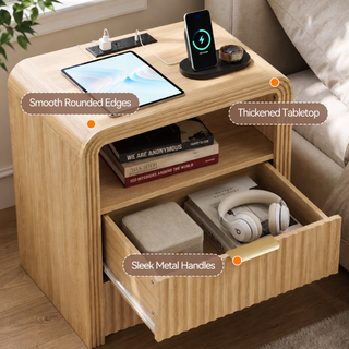 Easoger Fluted Nightstand with Charging Station, 19.7" Wide Bedside Table with USB & Type-C Ports, 2 Drawers & Open Shelf, Curved Oak End Table for Bedroom