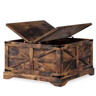 Easoger Farmhouse Storage Square MDF Coffee Table with Metal Corners, Brown