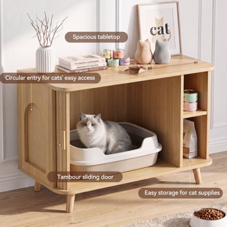 Easoger Cat Litter Cabinet Enclosure with Sliding Doors, Wooden Cat Furniture Cabinet with 2 Storage Shelves & Top Table, Kitty-Friendly Round Entry, Hide Messy,Oak