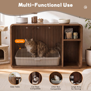 Easoger Cat Litter Box Enclosure with Side Entry, Wooden Litter Box Cabinet with Arched Door & Ventilation, Multifunctional End Table for Living Room, Bedroom, Brown