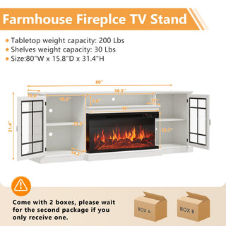 Easoger 80" Fireplace TV Stand with 3-Sided Glass Electric Fireplace, 12 Flame Colors + 12 LED Backlight Colors, Holds TV up to 88", White