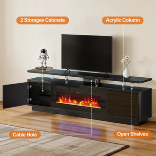 Easoger 70" 2-Tier TV Stand with 36" Electric Fireplace, Modern Entertainment Center with LED Lights & Acrylic Legs, Media Console for TVs up to 80" for Living Room,Black