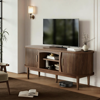 Easoger 58" Mid Century TV Stand for TVs up to 65", Entertainment Center with Power Outlet, Fluted Sliding Doors & Adjustable Shelves, Natural Media Console for Living Room