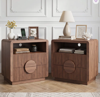 Easoger Set of 2 Nightstand with Charging Station, 23" H 2-Drawer Side Table with USB & Type-C Ports, Slatted Wood End Table for Bedroom Living Room Office, Walnut