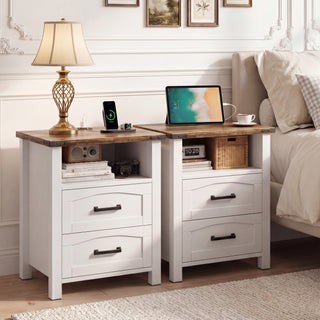 Easoger Farmhouse Nightstand Set of 2 with Charging Station, 18" Wide Rustic End Table with USB/Type-C Ports & 2 Drawers for Bedroom, White+Walnut