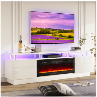 Easoger Fireplace TV Stand, Entertainment Center for TVs up to 80", 70” TV Stand with 36'' Electric Fireplace, LED Lights Entertainment Center, TV Console, White