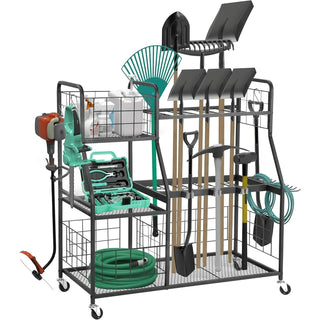 3 - Tier Garden Tool Organizer with Wheels and Extra Storage Basket - Ideal for Shed, Garage, Garden, Yard, and Lawn