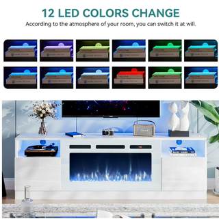 Easoger Fireplace TV Stand for TVs up to 80", TV Stand with 36'' Electric Fireplace, LED Lights Entertainment Center, TV Console, White