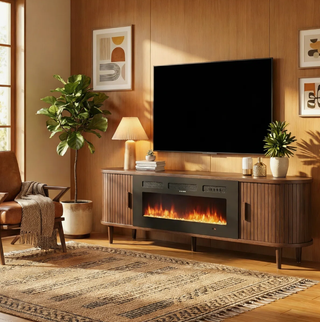 Easoger 80 inch Electric Fireplace TV Stand for 90 inch TVs, Modern Entertainment Center with Storage Shelves, Remote Control Adjustable Flame & Heat for Living Room,Walnut