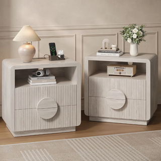 Easoger Set of 2 Nightstand with Charging Station, 23" H 2-Drawer Side Table with USB & Type-C Ports, Slatted Wood End Table for Bedroom Living Room Office, Gray