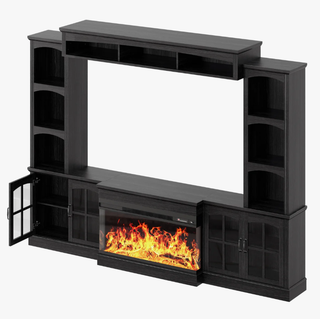 Easoger 98" Wall Unit Entertainment Center with 3-Sided Electric Fireplace, Farmhouse TV Stand for TVs Up to 70", Large Storage with Glass Doors & Shelves, Black