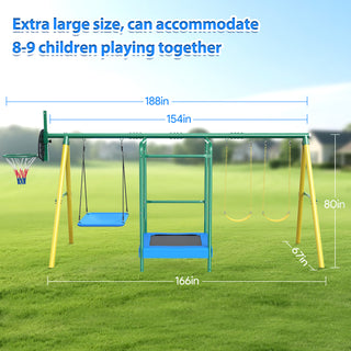 Metal Swing Sets for Backyard,Heavy-Duty Outdoor Kids Playsets for Playground,Outside Toys with Trampoline, Platform Swing, 2 Swings and Basketball Hoop for Aged 3-12