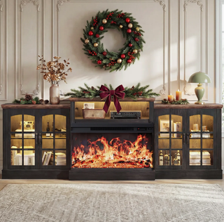 Easoger 97" TV Stand with Electric Fireplace, 3-Sided Glass Display Media Console for Over 100" TVs, Large Storage with Glass Doors & Shelves, LED Backlight, Walnut + Black Oak