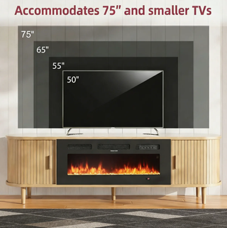 Easoger 70" Fluted Fireplace TV Stand, Mid Century Modern Entertainment Center with 36" Electric Fireplace for TVs up to 75", Console with Sliding Doors & Solid Wood Legs for Living Room,Oak