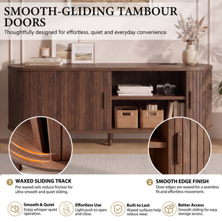 Easoger 58" Sliding Door TV Stand with Charging Station, Fluted Vertical Grille Wood Entertainment Center, Curved Oval Shape Storage Cabinet,Brown