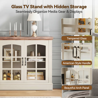 Easoger 97" TV Stand with Electric Fireplace, 3-Sided Glass Display Media Console for Over 100" TVs, Large Storage with Glass Doors & Shelves, LED Backlight, White + Light Walnut