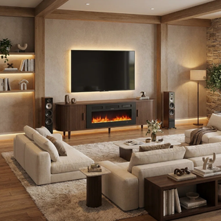 Easoger 70" Fluted Fireplace TV Stand, Mid Century Modern Entertainment Center with 36" Electric Fireplace for TVs up to 75", Media Console with Sliding Doors & Solid Wood Legs for Living Room.Walnut