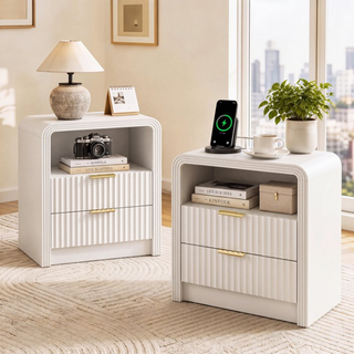 Easoger Set of 2 Fluted Nightstand with Charging Station, 19.7" Wide Bedside Table with USB & Type-C Ports, 2 Drawers & Open Shelf, Curved End Table for Bedroom