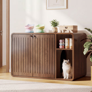 Easoger Cat Litter Box Enclosure with Side Entry, Wooden Litter Box Cabinet with Arched Door & Ventilation, Multifunctional End Table for Living Room, Bedroom, Brown