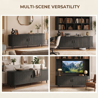 Easoger 65" Sliding Door TV Stand with Charging Station, Fluted Vertical Grille Wood Entertainment Center, Curved Oval Shape Storage Cabinet,Black