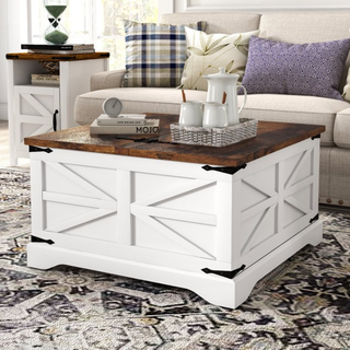 Easoger Farmhouse Coffee Table, Square Wood Center Table with Large Storage Space, Metal Corners for Living Room, White