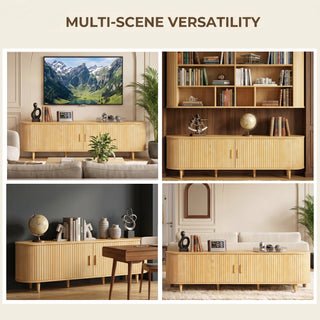 Easoger 70" Sliding Door TV Stand with Charging Station, Fluted Vertical Grille Wood Entertainment Center, Curved Oval Shape Storage Cabinet, Oak