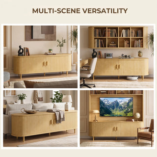 Easoger 65" Sliding Door TV Stand with Charging Station, Fluted Vertical Grille Wood Entertainment Center, Curved Oval Shape Storage Cabinet, Oak
