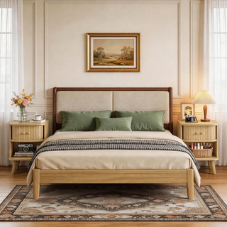 Easoger Set of 2 Fluted Oak Nightstands with Charging Station, Mid-Century Modern Bedside Tables with Sliding Tambour Doors, Storage Cabinet & Open Shelf for Bedroom