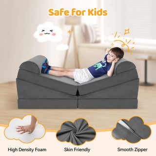 Modular Kids Play Couch 10PCS, 10 in 1 Multifunctional Kids Sofa for Playing Playroom Bedroom, Creativing, Sleeping, Indoor Toddler Couch for Boys and Girls,Gray