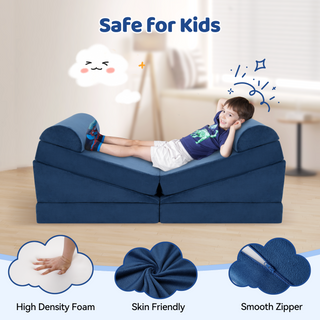 Modular Kids Play Couch 10PCS, 10 in 1 Multifunctional Kids Sofa for Playing Playroom Bedroom, Creativing, Sleeping, Indoor Toddler Couch for Boys and Girls, Blue