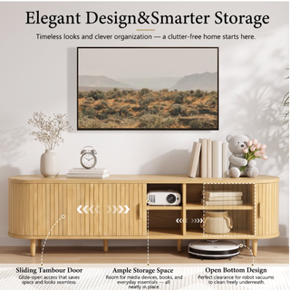 Easoger 70" Sliding Door TV Stand with Charging Station, Fluted Vertical Grille Wood Entertainment Center, Curved Oval Shape Storage Cabinet, Oak