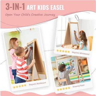 Art Easel for Kids with Paper Roll, Adjustable Double Side Art Drawing Standing Chalkboard for Toddlers 3-12, Boy & Girls Wooden Gift & Art Supplies for Toddler