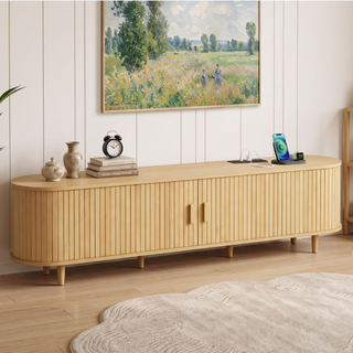 Easoger 70" Sliding Door TV Stand with Charging Station, Fluted Vertical Grille Wood Entertainment Center, Curved Oval Shape Storage Cabinet, Oak