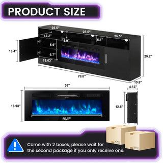 Easoger 80" Fireplace TV Stand, Gaming Media Console with 12 Color LED Backlights & 3 Outlets, Storage Shelves & Cabinets, Black
