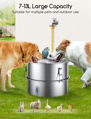 Dog Water Fountain for Large Dog, 7-13L Variable Volume Stainless Steel Pet Water Fountain for Cats & Dogs Multi-pet Home, Outdoor Model