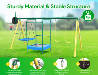 Metal Swing Sets for Backyard,Heavy-Duty Outdoor Kids Playsets for Playground,Outside Toys with Trampoline, Platform Swing, 2 Swings and Basketball Hoop for Aged 3-12