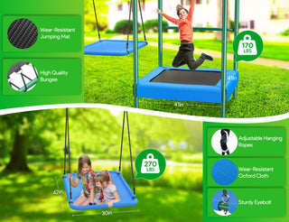 Metal Swing Sets for Backyard,Heavy-Duty Outdoor Kids Playsets for Playground,Outside Toys with Trampoline, Platform Swing, 2 Swings and Basketball Hoop for Aged 3-12