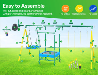 Metal Swing Sets for Backyard,Heavy-Duty Outdoor Kids Playsets for Playground,Outside Toys with Trampoline, Platform Swing, 2 Swings and Basketball Hoop for Aged 3-12