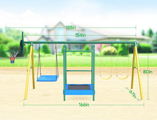 Metal Swing Sets for Backyard,Heavy-Duty Outdoor Kids Playsets for Playground,Outside Toys with Trampoline, Platform Swing, 2 Swings and Basketball Hoop for Aged 3-12