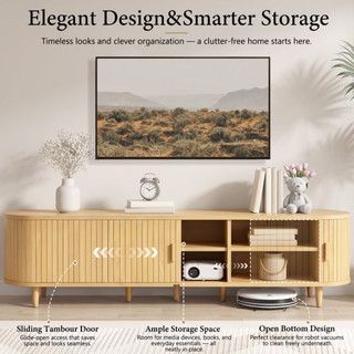 Easoger 90" Curved Oval Sliding Door TV Stand with Built-in Charging Station, Fits Up to 100 Inch TV , for Living Room Bedroom,Oak