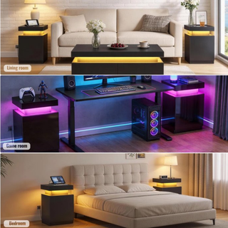 Easoger 17.7" Nightstand with Charging Station &amp; LED Lights, Modern Bedside Table with Sliding Top &amp; Hidden Storage, 2USB+2AC Outlets, Adjustable Shelf