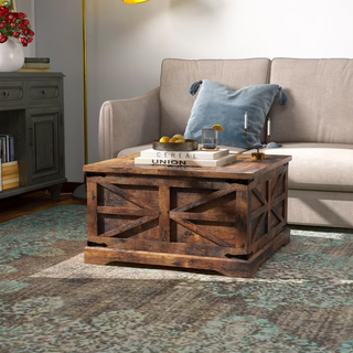 Easoger Farmhouse Storage Square MDF Coffee Table with Metal Corners, Brown